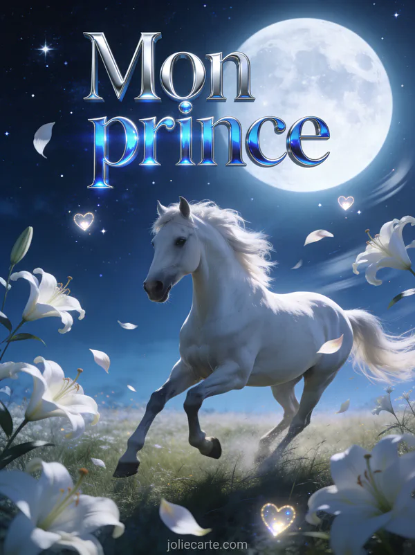 Cheval blanc galopant dans une prairie au clair de lune avec des pétales de lys et un ciel étoilé avec le texte Mon prince