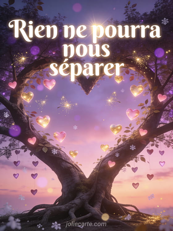 Deux arbres entrelacés formant un cœur contre un ciel crépusculaire avec petits cœurs lumineux dans les branches et lucioles dorées et le texte Rien ne pourra nous séparer