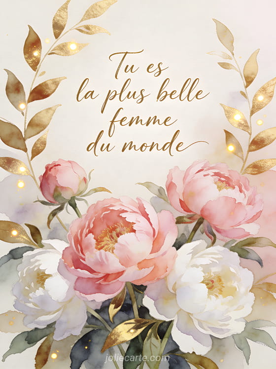 Pivoines roses et blanches en pleine floraison dans un style aquarelle avec le texte Tu es la plus belle femme du monde