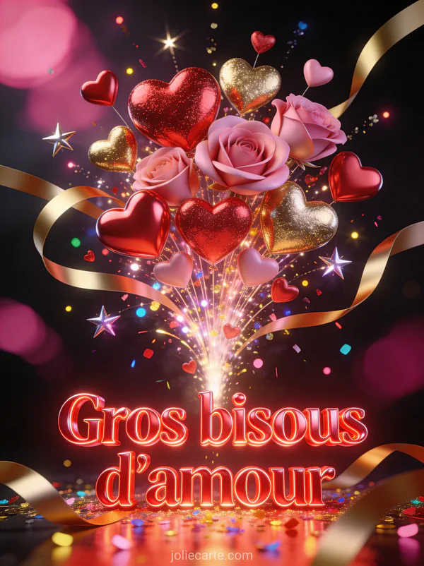 Explosion de cœurs rouges roses et dorés jaillissant comme un feu d'artifice avec des rubans et des étoiles et le texte Gros bisous d'amour