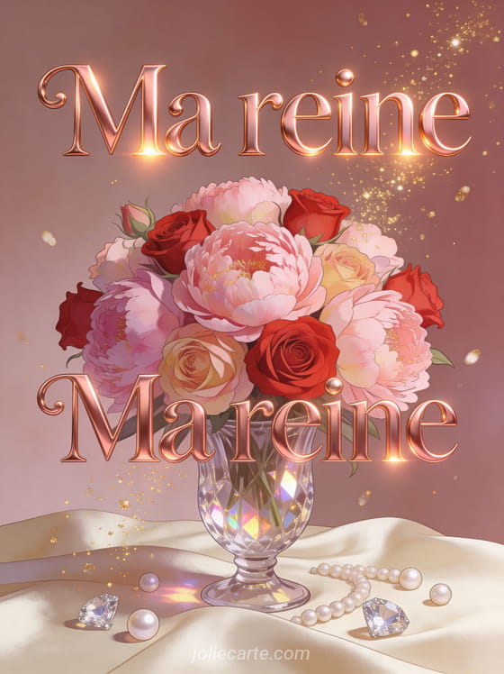 Somptueux bouquet de pivoines roses et roses rouges dans un vase en cristal avec des perles et diamants sur satin ivoire et le texte Ma reine