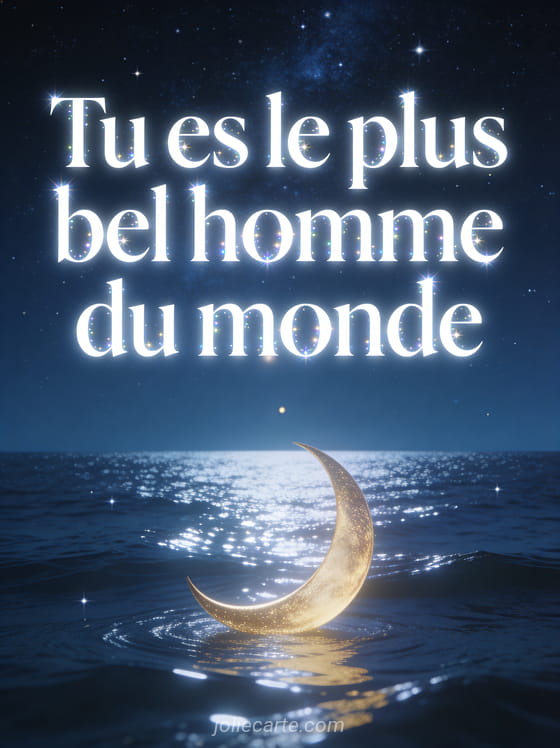 Ciel étoilé au-dessus d'une mer calme avec reflets argentés et croissant de lune doré avec le texte Tu es le plus bel homme du monde