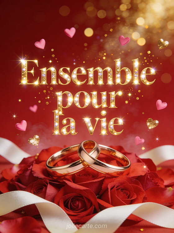 Deux alliances dorées entrelacées sur pétales de roses rouges entourées de petits cœurs flottants scintillants et étincelles dorées et le texte Ensemble pour la vie