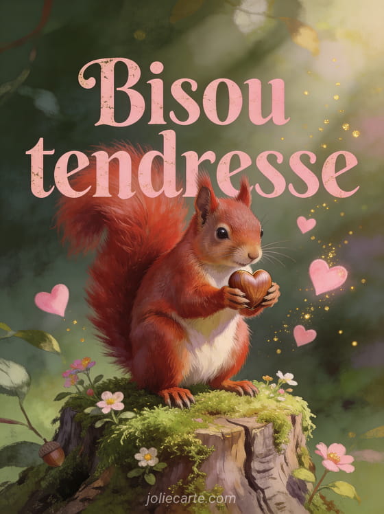 Écureuil roux tenant une noisette en forme de cœur sur une souche couverte de mousse avec des cœurs roses flottants et le texte Bisou tendresse