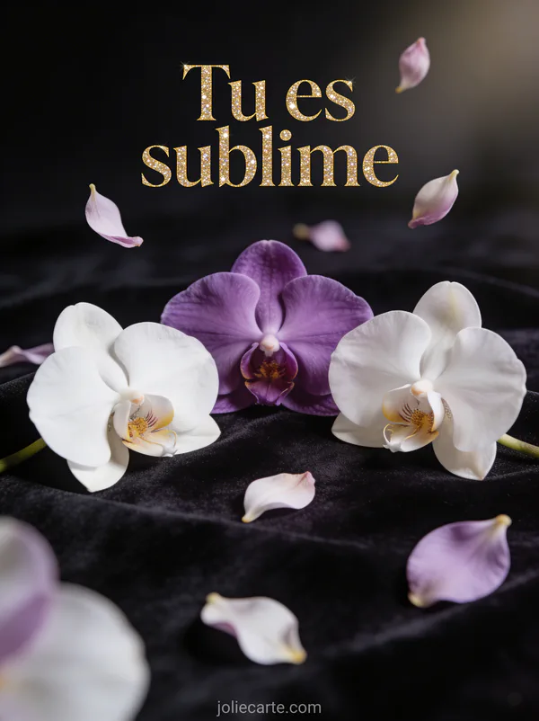 Orchidées blanches et violettes sur fond sombre velouté avec pétales flottants et le texte Tu es sublime en lettres dorées