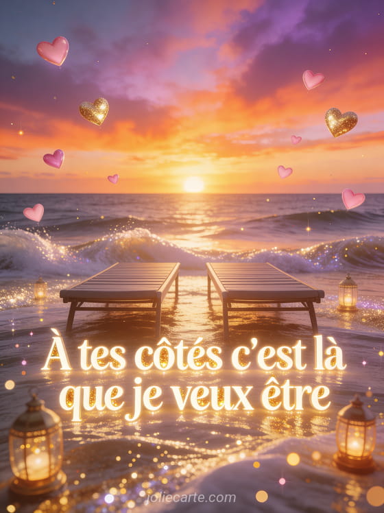 Deux chaises longues face au coucher de soleil sur la mer avec petits cœurs lumineux dans le ciel et lanternes dorées et le texte À tes côtés