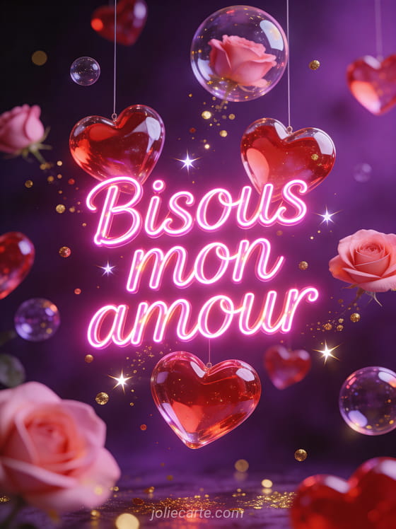 Cœurs en verre translucides rouges et roses suspendus comme des bulles avec des particules dorées et des étoiles sur fond violet et le texte Bisous mon amour