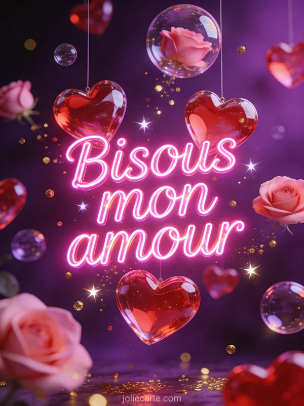 Cœurs en verre translucides rouges et roses suspendus comme des bulles avec des particules dorées et des étoiles sur fond violet et le texte Bisous mon amour