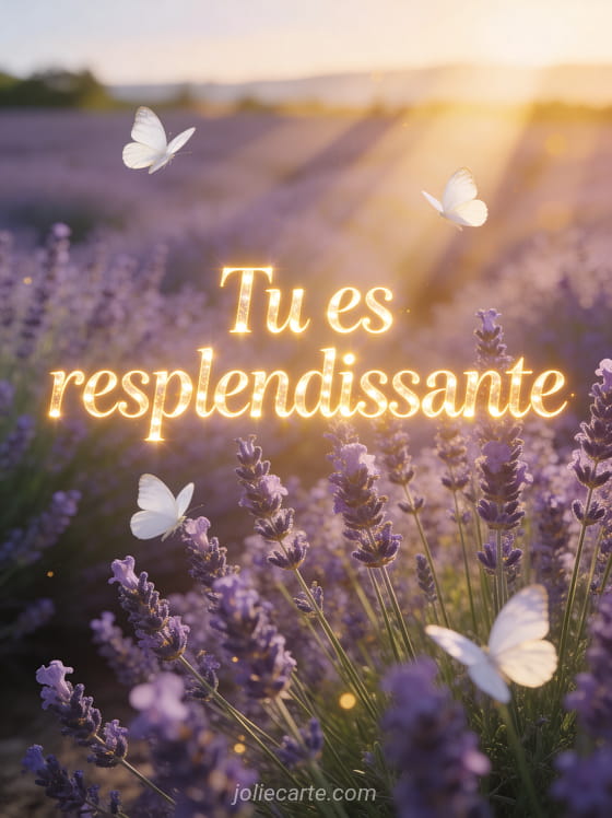 Champ de lavande en fleurs baigné de lumière dorée avec papillons blancs et le texte Tu es resplendissante