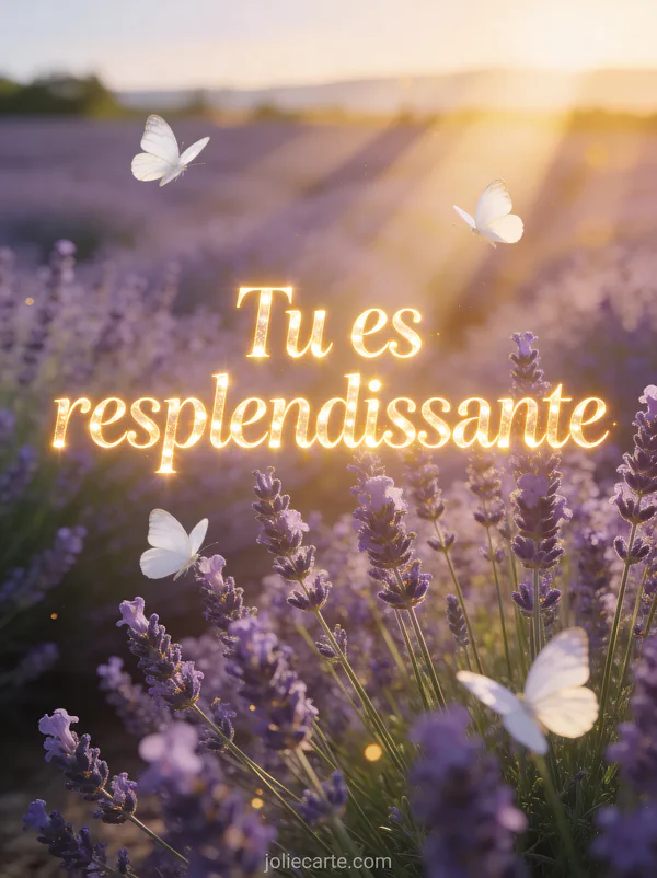 Champ de lavande en fleurs baigné de lumière dorée avec papillons blancs et le texte Tu es resplendissante