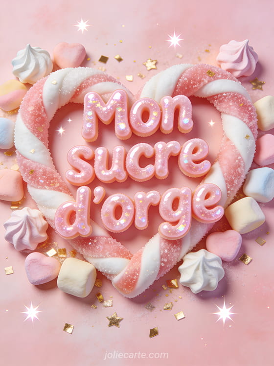 Sucres d'orge roses et blancs entrelacés en forme de cœur entourés de meringues pastel et confettis dorés sur fond rose poudré avec le texte Mon sucre d'orge