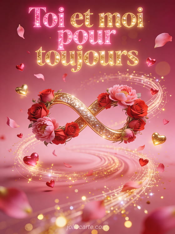 Symbole infini doré composé de roses et pivoines entrelacées avec petits cœurs lumineux tourbillonnants et étincelles et le texte Toi et moi pour toujours
