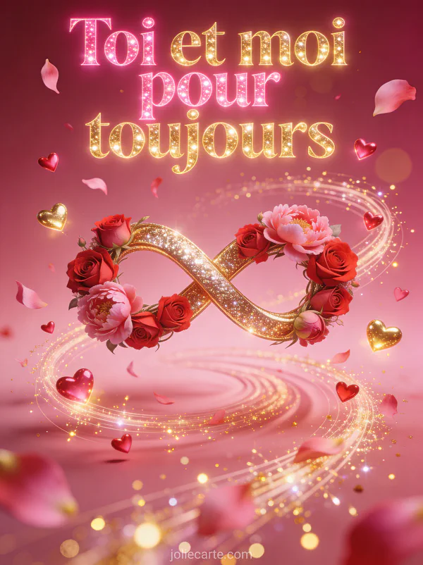 Symbole infini doré composé de roses et pivoines entrelacées avec petits cœurs lumineux tourbillonnants et étincelles et le texte Toi et moi pour toujours