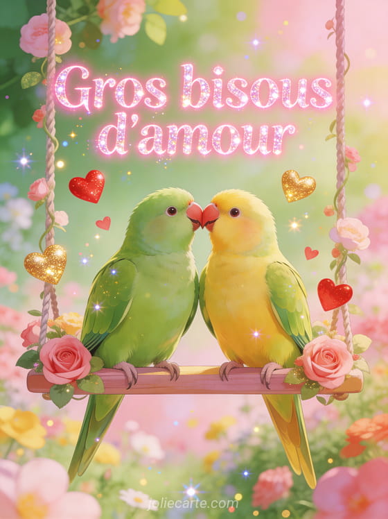 Deux perruches inséparables se frottant le bec sur une balançoire fleurie de roses avec des cœurs flottants et le texte Gros bisous d'amour