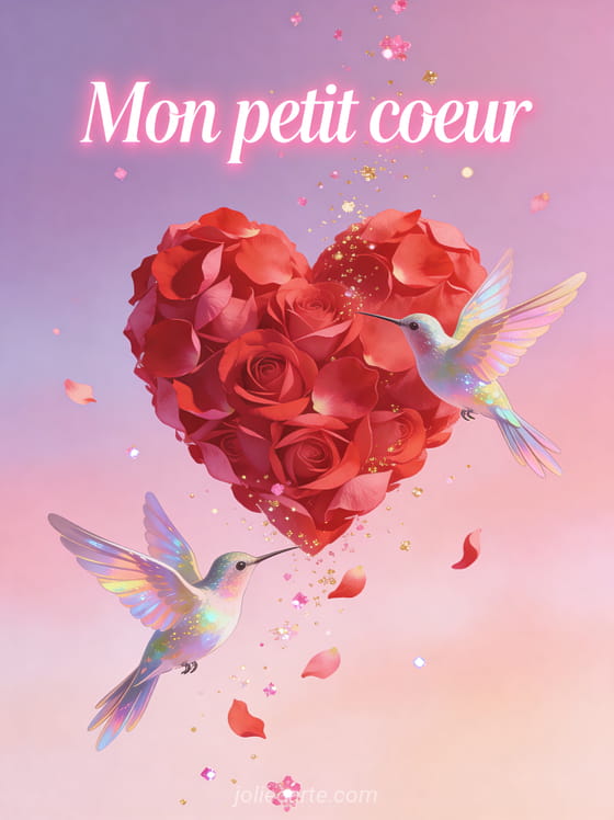 Deux colibris irisés virevoltant autour d'un grand cœur de pétales de rose rouge avec des paillettes roses et dorées sur fond pastel avec le texte Mon petit cœur