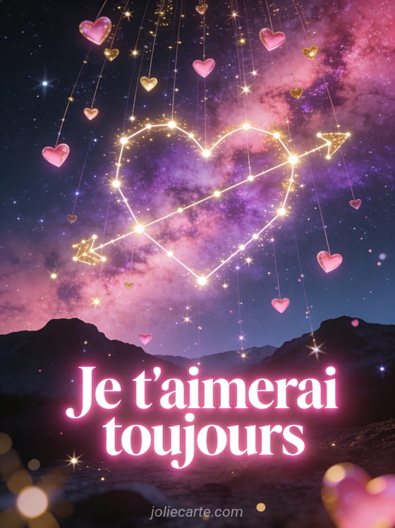 Ciel nocturne avec voie lactée et constellation en forme de cœur avec pluie de petits cœurs lumineux et étincelles et le texte Je t'aimerai toujours