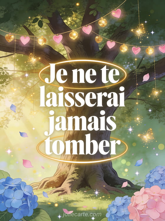 Grand chêne protecteur avec guirlandes de petits cœurs lumineux dans les branches et lucioles dorées et pétales d'hortensia et le texte Je ne te laisserai jamais tomber