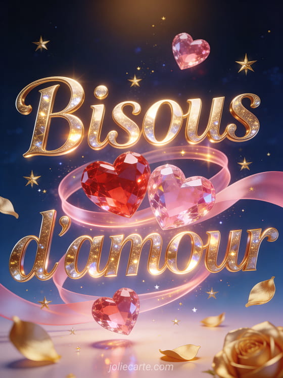 Cœurs en cristal rouge et rose flottant parmi des étoiles dorées avec des rubans de lumière rose et des pétales dorés et le texte Bisous d'amour