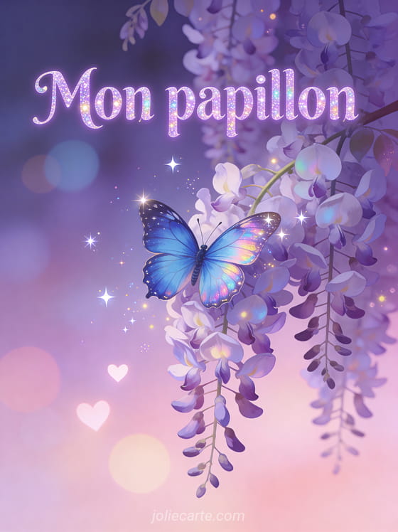 Papillon aux ailes bleu morpho posé sur une glycine en cascade avec des particules lumineuses et étoiles scintillantes sur fond violet et rose avec le texte Mon papillon