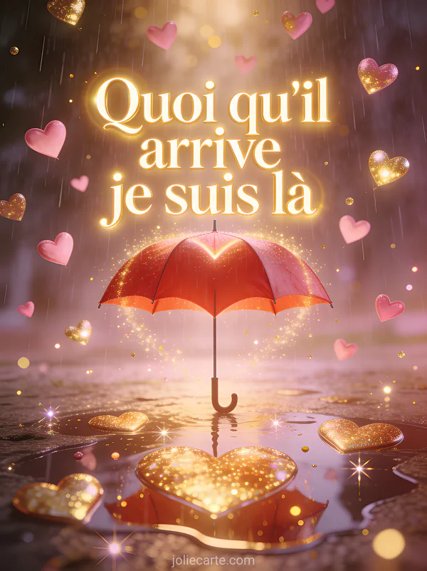 Parapluie rouge en forme de cœur sous une pluie de petits cœurs lumineux roses et dorés avec reflets dans les flaques et étincelles et le texte Quoi qu'il arrive je suis là