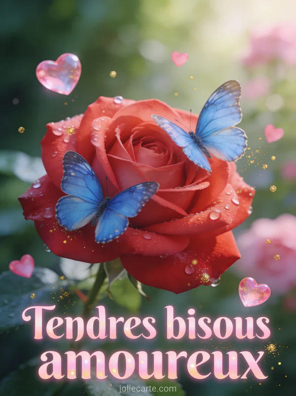 Deux papillons bleus posés sur une rose rouge avec des gouttes de rosée et des cœurs roses flottants dans une lumière matinale et le texte Tendres bisous amoureux