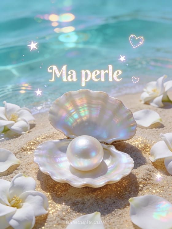 Perle blanche dans un coquillage ouvert sur sable doré avec des gardénias blancs et des reflets irisés sur eau turquoise avec le texte Ma perle