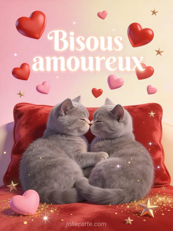 Deux chatons british shorthair gris blottis nez contre nez sur un coussin rouge avec des cœurs flottants et des particules dorées et le texte Bisous amoureux