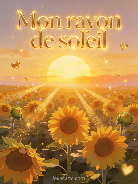 Lever de soleil doré au-dessus d'un champ de tournesols avec des rayons lumineux des particules et des cœurs dorés avec le texte Mon rayon de soleil