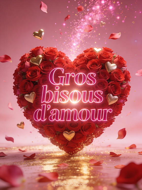 Immense cœur composé de roses rouges avec des cœurs dorés et des particules de lumière rose s'envolant et le texte Gros bisous d'amour