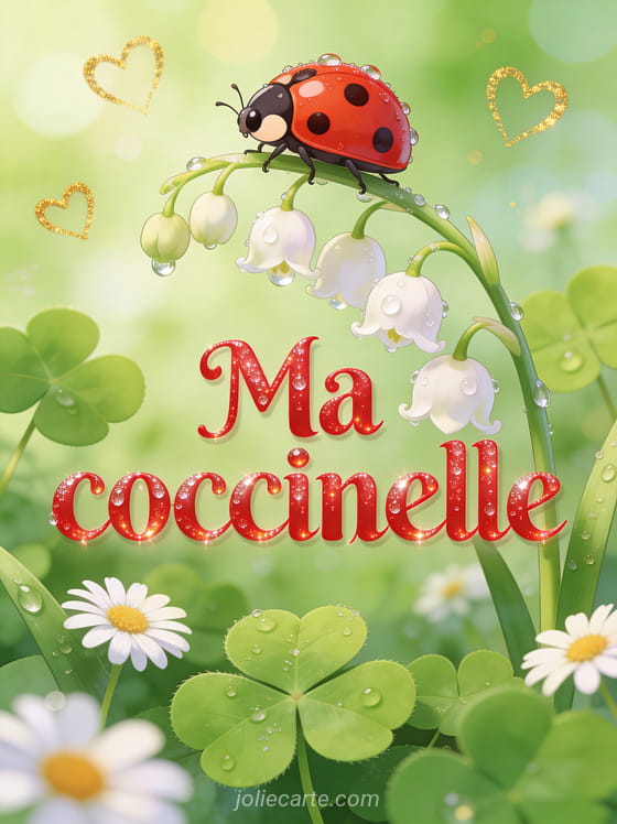 Coccinelle rouge posée sur un brin de muguet avec des gouttelettes de rosée entourée de trèfles et marguerites avec des cœurs dorés et le texte Ma coccinelle