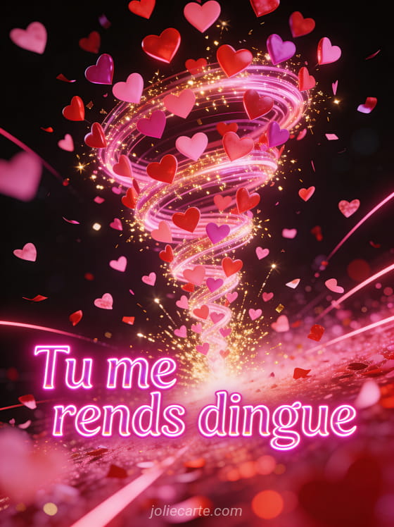 Tourbillon de centaines de petits cœurs lumineux en spirale avec étincelles roses et dorées et confettis cœurs et le texte Tu me rends dingue