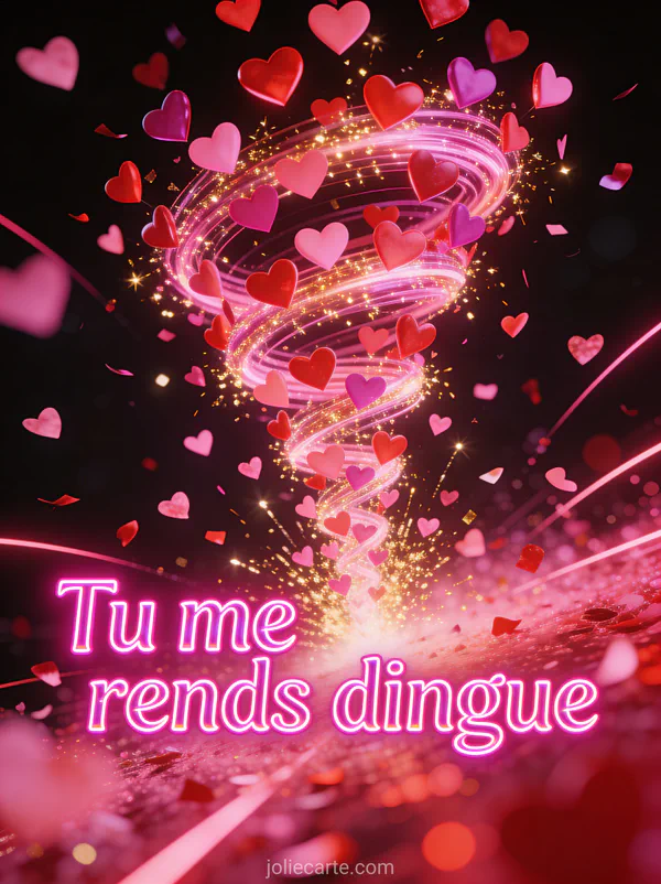 Tourbillon de centaines de petits cœurs lumineux en spirale avec étincelles roses et dorées et confettis cœurs et le texte Tu me rends dingue