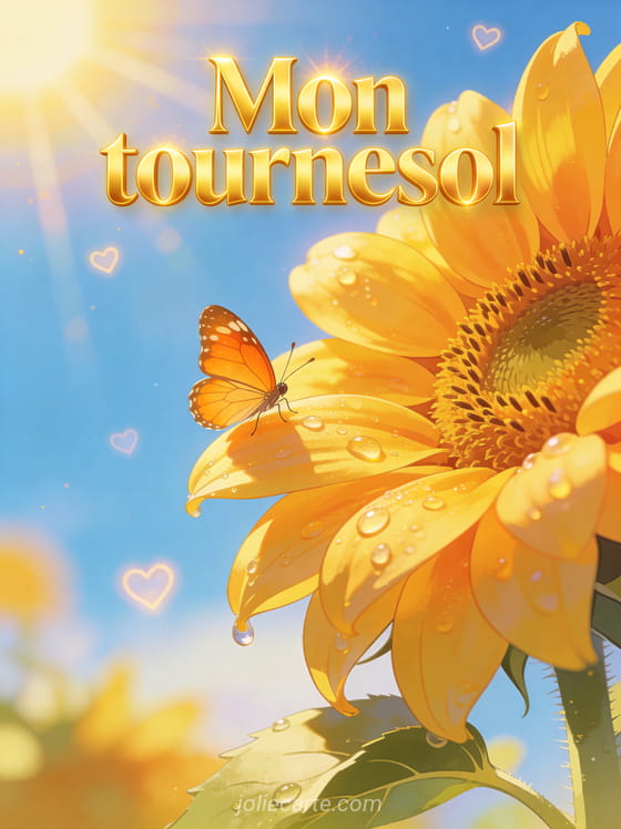 Tournesol épanoui vu de près avec des gouttes de rosée et un papillon orange posé dessus sous un ciel bleu ensoleillé avec des cœurs lumineux et le texte Mon tournesol