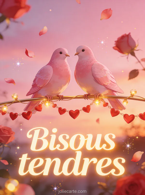 Deux tourterelles roses sur un fil orné de guirlandes de cœurs avec des pétales de roses tombant et des lumières dorées et le texte Bisous tendres