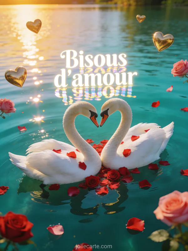 Deux cygnes blancs formant un cœur sur un lac turquoise parsemé de pétales de roses avec des cœurs dorés flottants au coucher du soleil et le texte Bisous d'amour