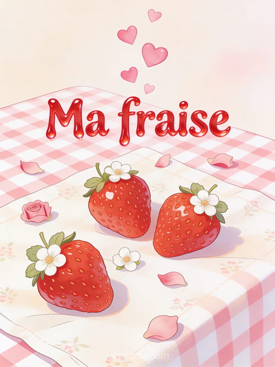 Fraises rouges brillantes avec des fleurs blanches de fraisier sur nappe vichy rose et blanc avec des cœurs roses et des pétales de rose avec le texte Ma fraise