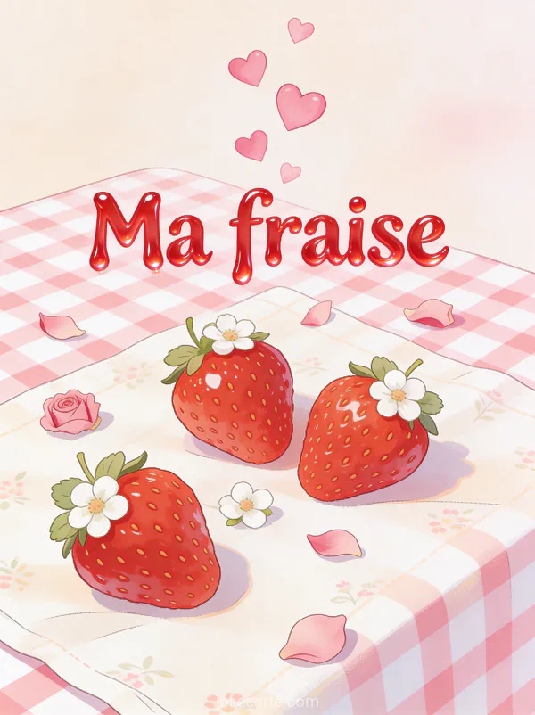 Fraises rouges brillantes avec des fleurs blanches de fraisier sur nappe vichy rose et blanc avec des cœurs roses et des pétales de rose avec le texte Ma fraise