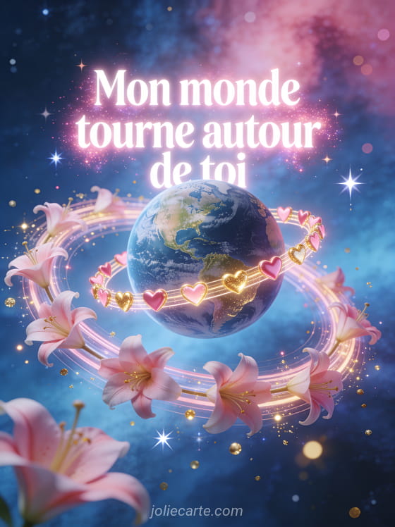 Globe terrestre miniature entouré d'orbites de petits cœurs lumineux tournoyants avec pétales de lys et étoiles et le texte Mon monde tourne autour de toi
