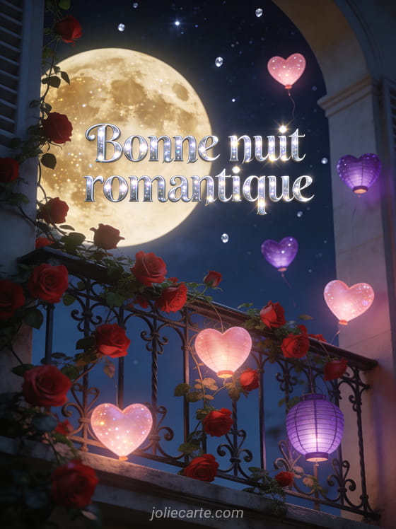 Balcon en fer forgé orné de roses grimpantes rouges sous un ciel étoilé avec des cœurs lumineux et la lune dorée et le texte Bonne nuit romantique