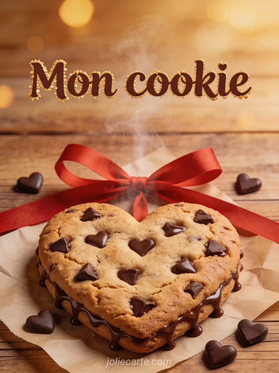 Cookie géant en forme de cœur avec des pépites de chocolat fondantes sur papier kraft avec un ruban rouge et des cœurs en chocolat avec le texte Mon cookie