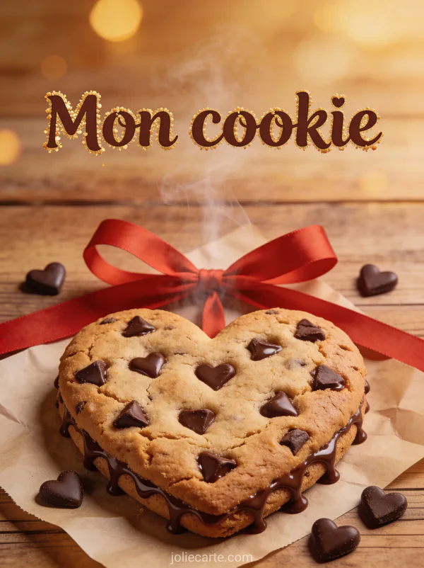 Cookie géant en forme de cœur avec des pépites de chocolat fondantes sur papier kraft avec un ruban rouge et des cœurs en chocolat avec le texte Mon cookie