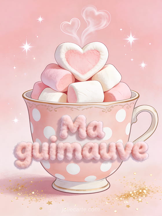 Guimauves roses et blanches empilées en forme de cœur dans une tasse vintage rose à pois blancs avec de la vapeur en forme de cœur et le texte Ma guimauve