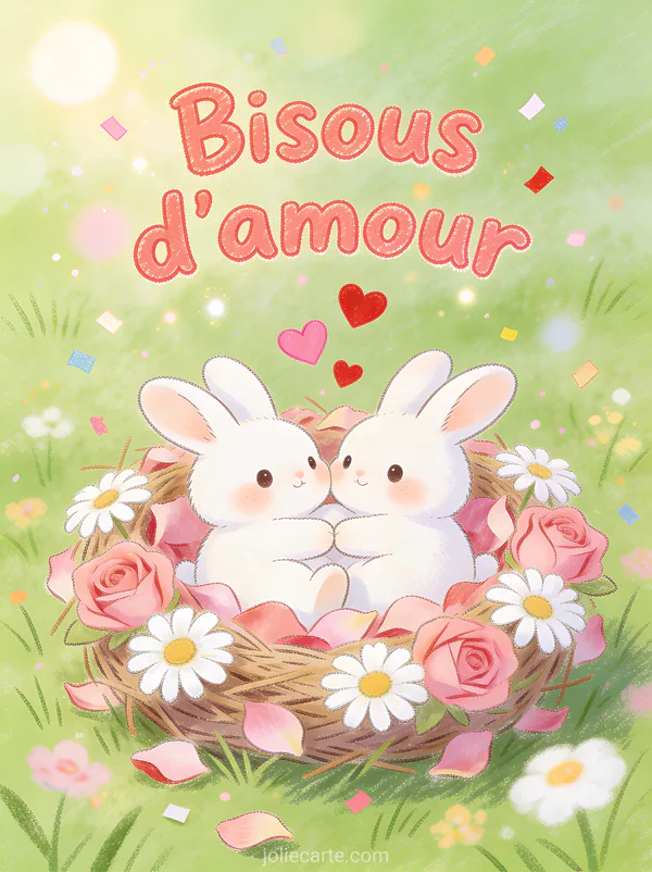 Deux bébés lapins blancs blottis dans un nid de pétales de roses et marguerites avec des cœurs virevoltants et le texte Bisous d'amour