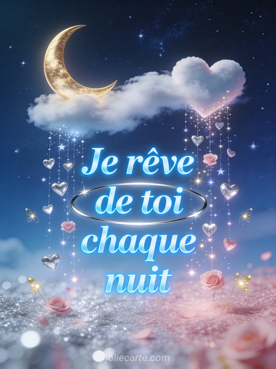 Croissant de lune doré dans un ciel étoilé avec nuage en cœur et cascade de petits cœurs argentés lumineux comme des étoiles filantes et le texte Je rêve de toi