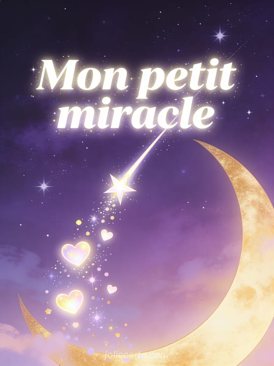 Étoile filante traversant un ciel nocturne violet parsemé d'étoiles avec des cœurs lumineux et un croissant de lune doré avec le texte Mon petit miracle