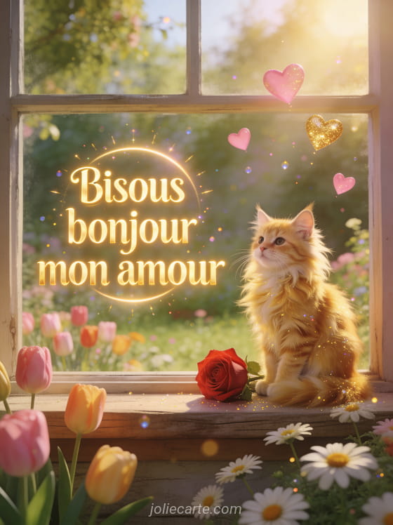 Chaton maine coon doré assis sur un rebord de fenêtre au lever du soleil avec une rose rouge et des cœurs flottants et le texte Bisous bonjour mon amour