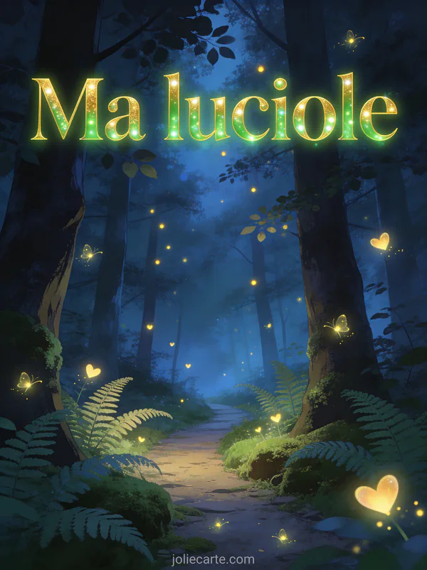 Lucioles brillant dans une forêt enchantée au crépuscule avec des lumières dorées entre les arbres et des cœurs de lumière flottants avec le texte Ma luciole