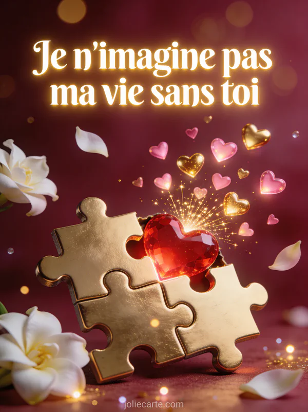 Puzzle doré avec pièce cœur rouge brillante entouré de petits cœurs lumineux flottants et étincelles dorées et pétales de gardénia et le texte Ma vie sans toi