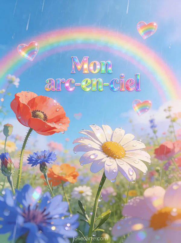 Arc-en-ciel pastel dans un ciel bleu après la pluie au-dessus d'un champ de fleurs sauvages colorées avec des cœurs arc-en-ciel flottants et le texte Mon arc-en-ciel