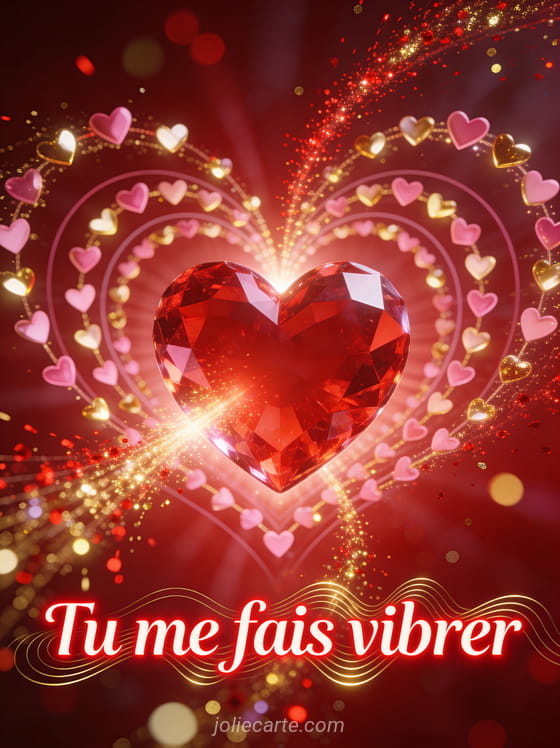 Grand cœur rouge cristallin pulsant de lumière avec ondes de petits cœurs lumineux irradiant et étincelles rouges et dorées et le texte Tu me fais vibrer
